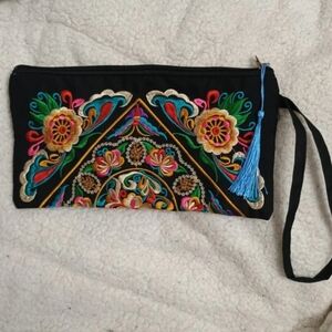 Embroidered Black Clutch with Multicolor Design
